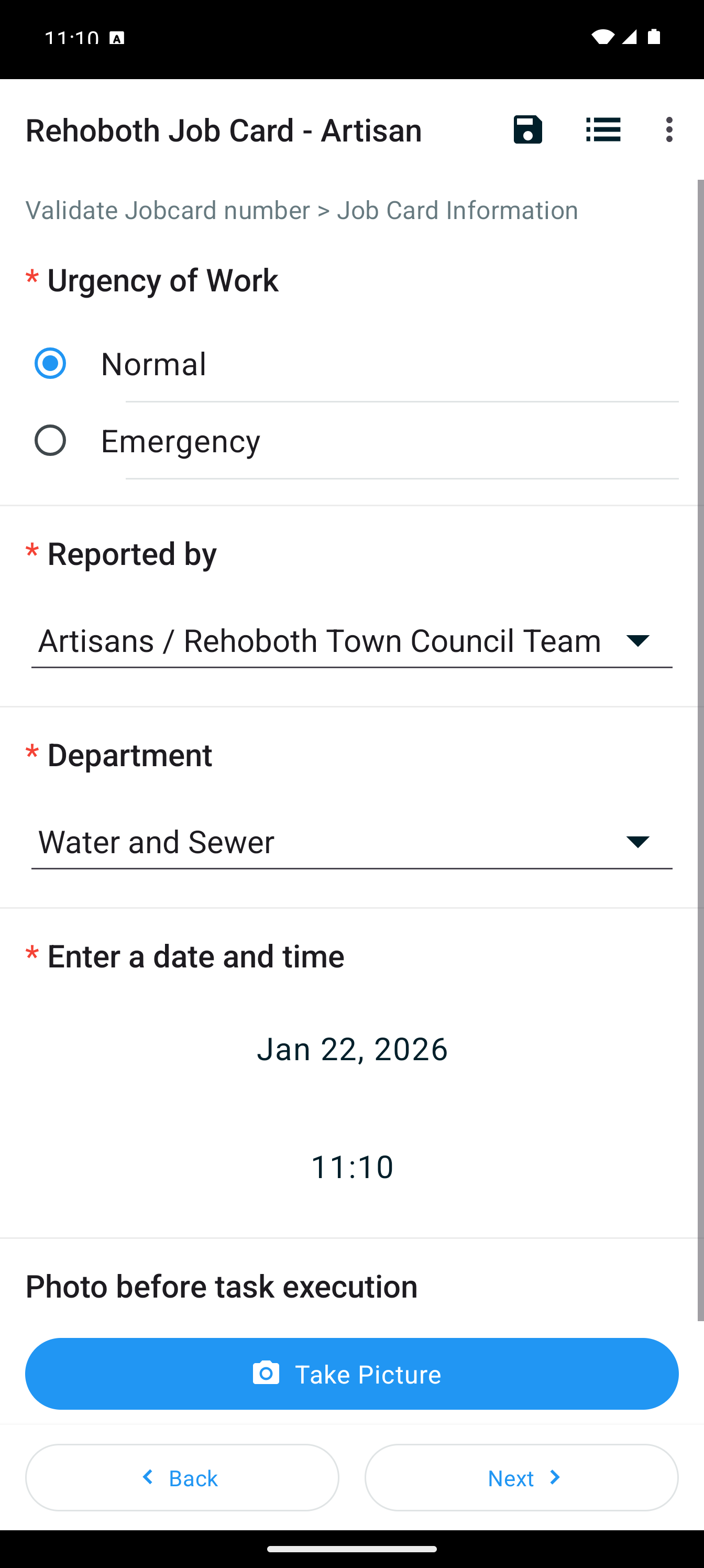 Job card form with all input fields
